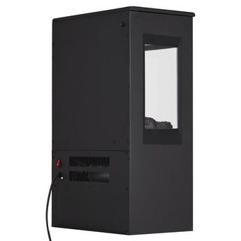 Schwarzer LED-Elektrokamin Rückseite mit Lüftungsgitter und Anschlusskabel