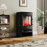 Freestanding black LED electric fireplace with glass flame window and side control panel