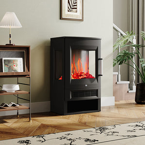 Freestanding black LED electric fireplace with glass flame window and side control panel