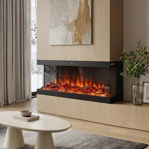 Recessed electric fireplace in wood wall, black glass front with red-orange flames