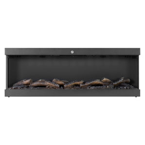Open electric fireplace firebox interior with faux logs and glowing embers, black frame