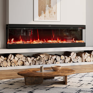 Black electric fireplace insert with red flame and log bed, 50/60 in.