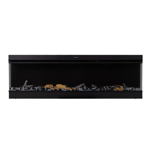 50/60 inch electric fireplace insert, black frame with dark rocks and logs