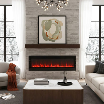 Wall-mounted electric fireplace with red flame effect and dark glass opening