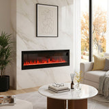 Wall-mounted electric fireplace with flame display in black front frame