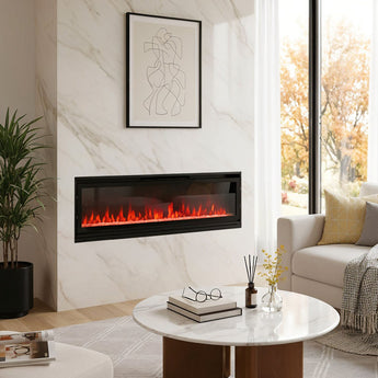 Wall-mounted electric fireplace with flame display in black front frame