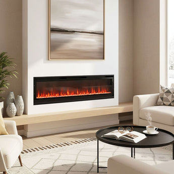 Wall-mounted electric fireplace insert with bright flame view inside black surround