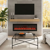 Wall-mounted electric fireplace with flame screen and wide horizontal trim