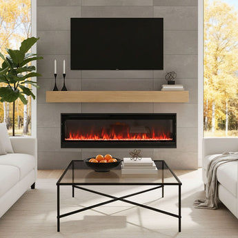 Wall-mounted electric fireplace with flame screen and wide horizontal trim