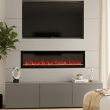 Wall-mounted electric fireplace with glowing flame effect, dark frame and glass front