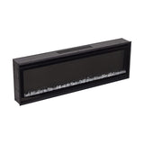 Wall-mounted electric fireplace front view with clear ember bed and black frame