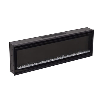 Wall-mounted electric fireplace front view with clear ember bed and black frame