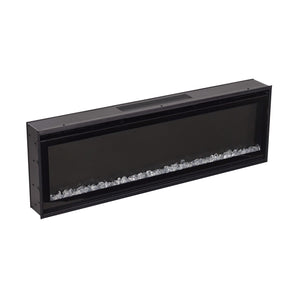Wall-mounted electric fireplace front view with clear ember bed and black frame