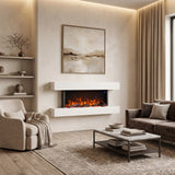White wall-mounted electric fireplace with burning flame effect and rectangular mantel surround.