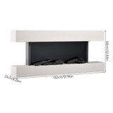White wall-mounted electric fireplace front view with open firebox and dark faux logs.