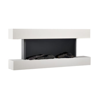 White wall-mounted electric fireplace with open firebox and dark faux logs, minimalist design.