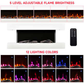 White wall-mounted electric fireplace with flame brightness control remote.