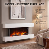 White wall-mounted electric fireplace with realistic flame effect and adjustable thermostat look.
