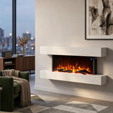 White wall-mounted electric fireplace with glowing flame effect in a wide open firebox.