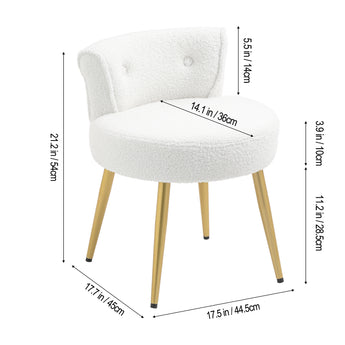 White teddy fleece dressing table stool with rounded seat, tufted back, gold legs