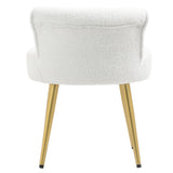White teddy fleece dressing table stool front view with curved back and gold tapered legs