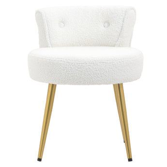 White teddy fleece dressing table stool with padded circular seat and back, gold legs