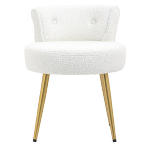 White teddy fleece dressing table stool with padded circular seat and back, gold legs