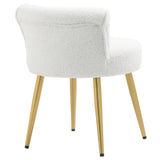 White teddy fleece dressing table stool side view, rounded back and seat, gold legs