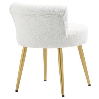 White teddy fleece dressing table stool side view, rounded back and seat, gold legs