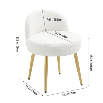 White teddy-fleece dressing table stool with rounded seat and gold iron legs