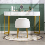 White teddy-fleece dressing table stool with round seat and tapered gold iron legs