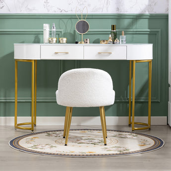 White teddy-fleece dressing table stool with round seat and tapered gold iron legs