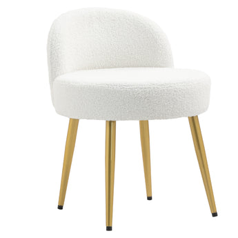 White teddy-fleece dressing stool with curved seat and four tapered gold legs