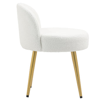 White teddy-fleece accent stool with round seat, arm-like back, and gold legs