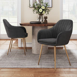 2 velvet dining chairs, dark gray, gold legs; padded seat and curved back
