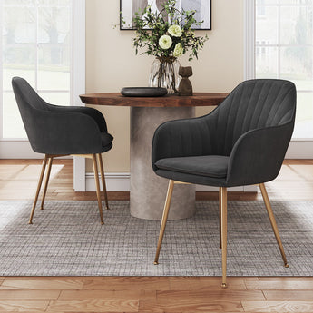2 velvet dining chairs, dark gray, gold legs; padded seat and curved back