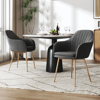 Velvet dining chair, dark gray, gold legs; cushioned seat and ribbed back