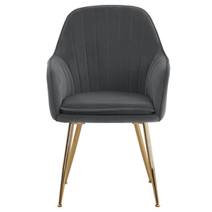 Dark gray velvet dining chair with ribbed back, padded seat, and gold metal legs