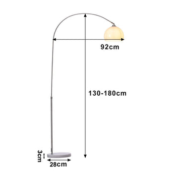 Adjustable arch LED floor lamp, white shade; base 28×3 cm, height 130–180 cm