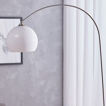 Adjustable arch LED floor lamp with white globe shade and arched metal frame