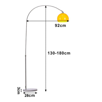 Adjustable arch LED floor lamp, orange globe shade; height 130–180 cm, 92 cm arc