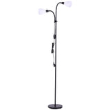 Double-headed black floor lamp with two white globe shades and visible cord detail
