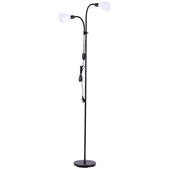 Double-headed black floor lamp with two white globe shades and visible cord detail