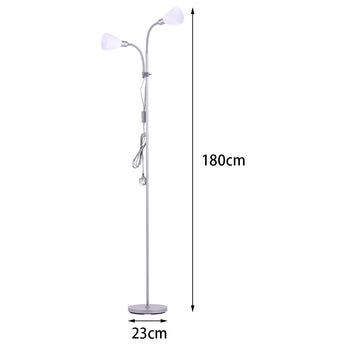 Double-headed silver floor lamp with two white globe shades, 180 cm tall