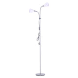 Double-headed white floor lamp with two white globe shades and round base