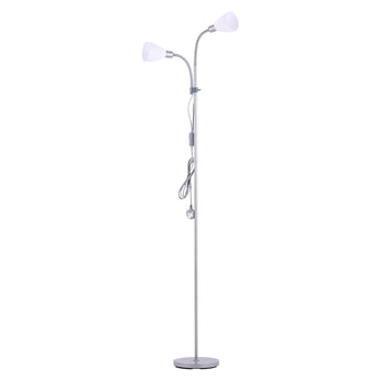 Double-headed white floor lamp with two white globe shades and round base