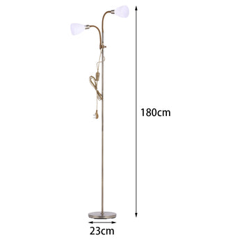Double-headed brass floor lamp, 180 cm tall; 23 cm round base