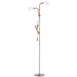 Double-headed brass floor lamp with two white globe shades and round base