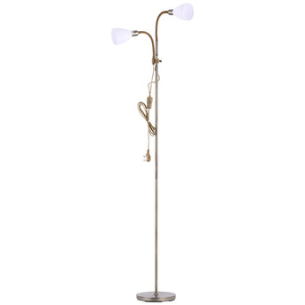 Double-headed brass floor lamp with two white globe shades and round base
