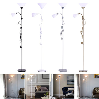 Double-head floor lamp in several finishes, each with two fabric shades